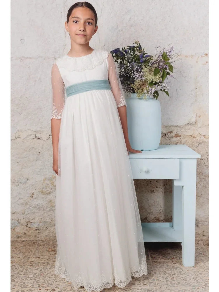 Apliques de encaje blanco con lazo, medias mangas para bodas, fiestas de cumpleaños, banquetes, vestidos de princesa y vestidos de niña de las flores. 