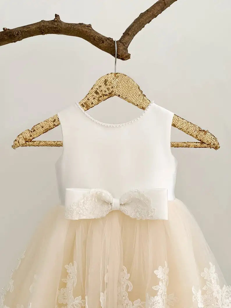 Vestido de niña de las flores con espalda en V y encaje para bodas, fiesta de niñas, vestido de princesa para niña pequeña con lazos, vestidos de primera comunión. 