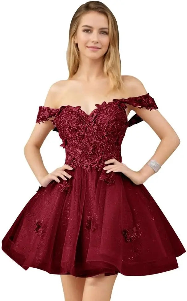 Glitter Tulle Appliques Homecoming Dresses for Teens Beaded Off Shoulder Short Prom Dresses Lace Cocktail Mini Dress Club Gowns