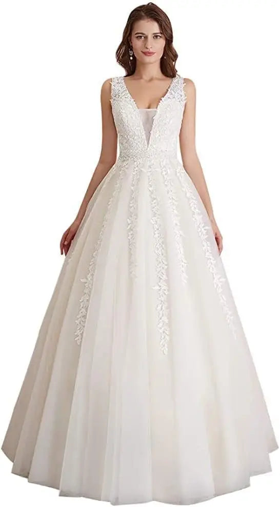 Women's Tulle Floor Length A Line Wedding Dress for Bride Lace Applique Evening Dress V Neck Straps Ball Gowns
