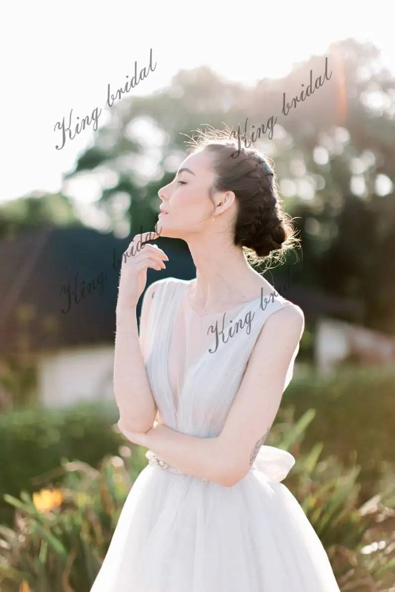 Tulle draped wedding gown Sleeveless airy bridal Full wedding dresses Evening dress gownOpen back bridal simple wedding dress
