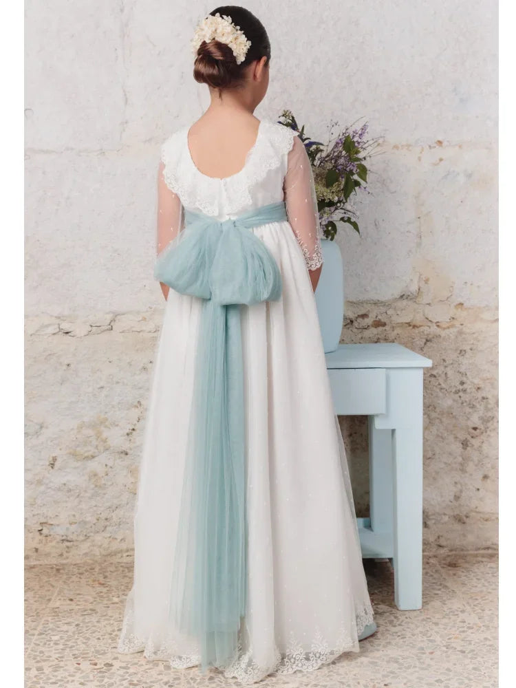 Apliques de encaje blanco con lazo, medias mangas para bodas, fiestas de cumpleaños, banquetes, vestidos de princesa y vestidos de niña de las flores. 