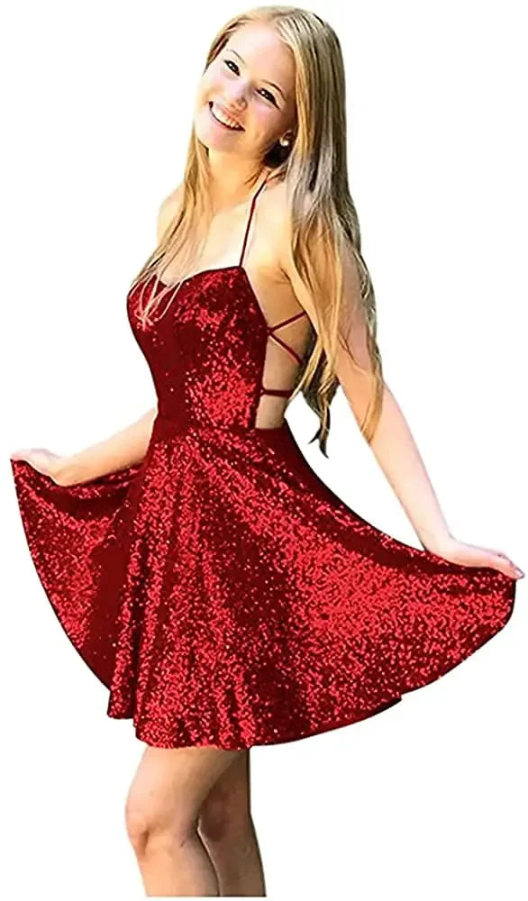 Vestidos de fiesta formales con cuello halter y lentejuelas para mujer, cortos, sin espalda, con lentejuelas azules, para cóctel 