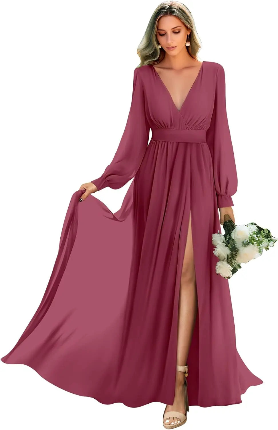 Long Sleeve Bridesmaid Dresses with Slit Pleated Wedding Party Gowns V Neck Chiffon Long Formal Dress evening dress