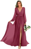 Long Sleeve Bridesmaid Dresses with Slit Pleated Wedding Party Gowns V Neck Chiffon Long Formal Dress evening dress
