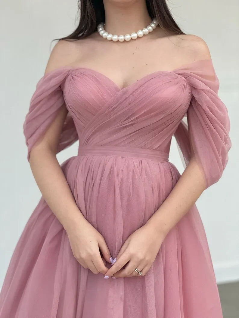 Tulle Sweetheart A-line Evening Dresses Off the Shoulder Tea-Length Formal Dress With Pleats & Bow Elegant Lace Up Prom Gowns