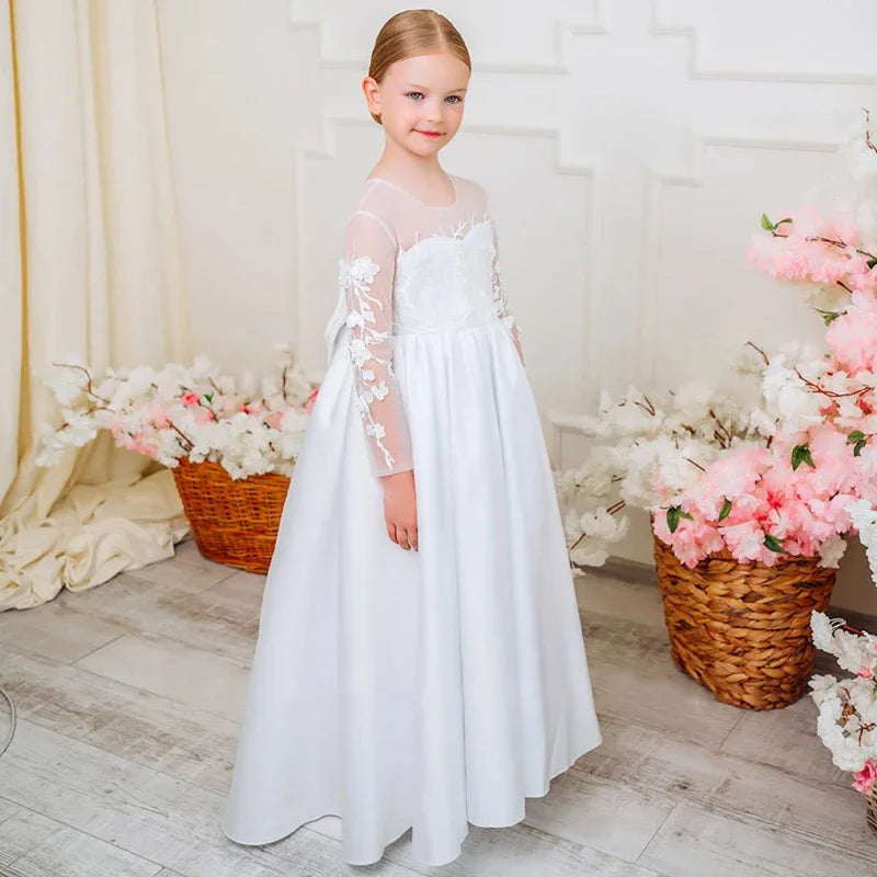White Satin Appliques With Bow Long Sleeve For Wedding Birthday Party Banquet Princess Gowns Flower Girl Dresses Princess Dress