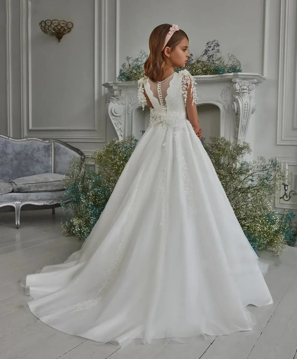 Hoher Kragen Schleife Kommunionkleid Blumenmädchenkleider Blumenmädchenkleider Hochzeit Kinder Ballkleid Puffy Kleider für Mädchen 