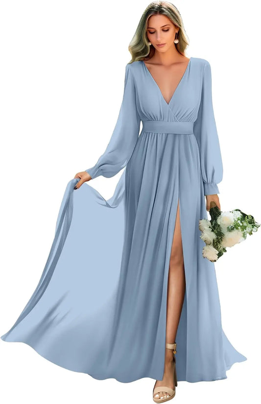 Long Sleeve Bridesmaid Dresses with Slit Pleated Wedding Party Gowns V Neck Chiffon Long Formal Dress evening dress