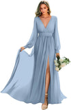 Long Sleeve Bridesmaid Dresses with Slit Pleated Wedding Party Gowns V Neck Chiffon Long Formal Dress evening dress