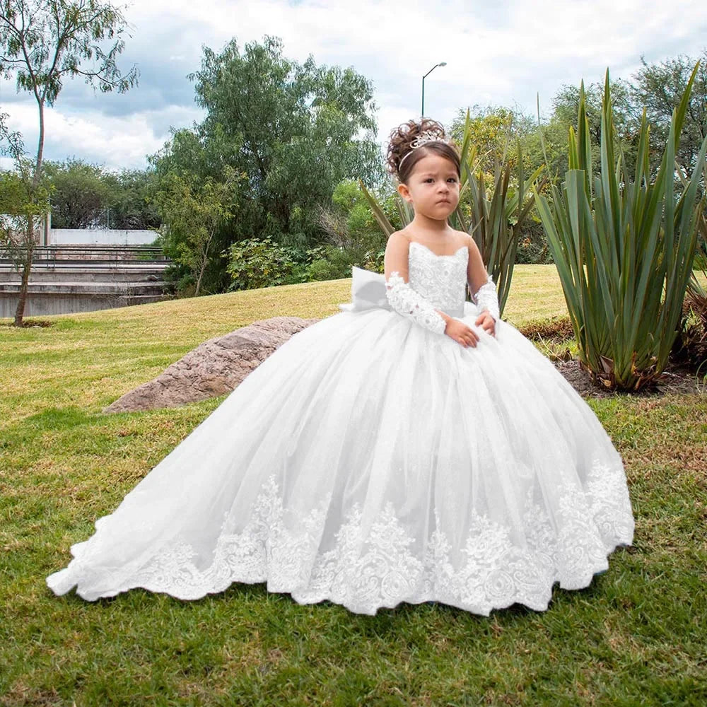 Volle Ärmel Bodenlangen Elegante Mädchen Kinder Geburtstag Party Kommunion Party Kleid Spitze Applikationen Blumenmädchen Kleider für Hochzeit 