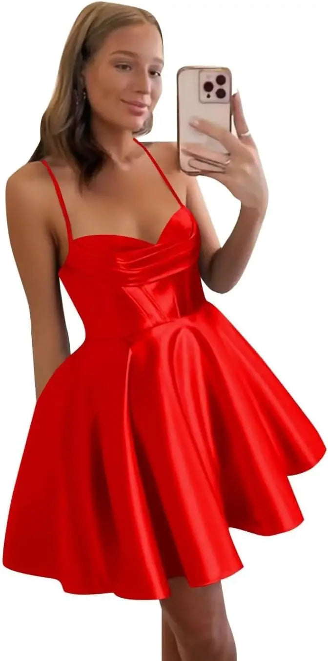 Spaghetti Straps Satin Homecoming Dresses for Women Short Halter Formal Prom Dresses with Pockets Graduation Mini Dress
