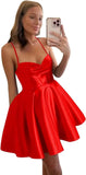 Spaghetti Straps Satin Homecoming Dresses for Women Short Halter Formal Prom Dresses with Pockets Graduation Mini Dress