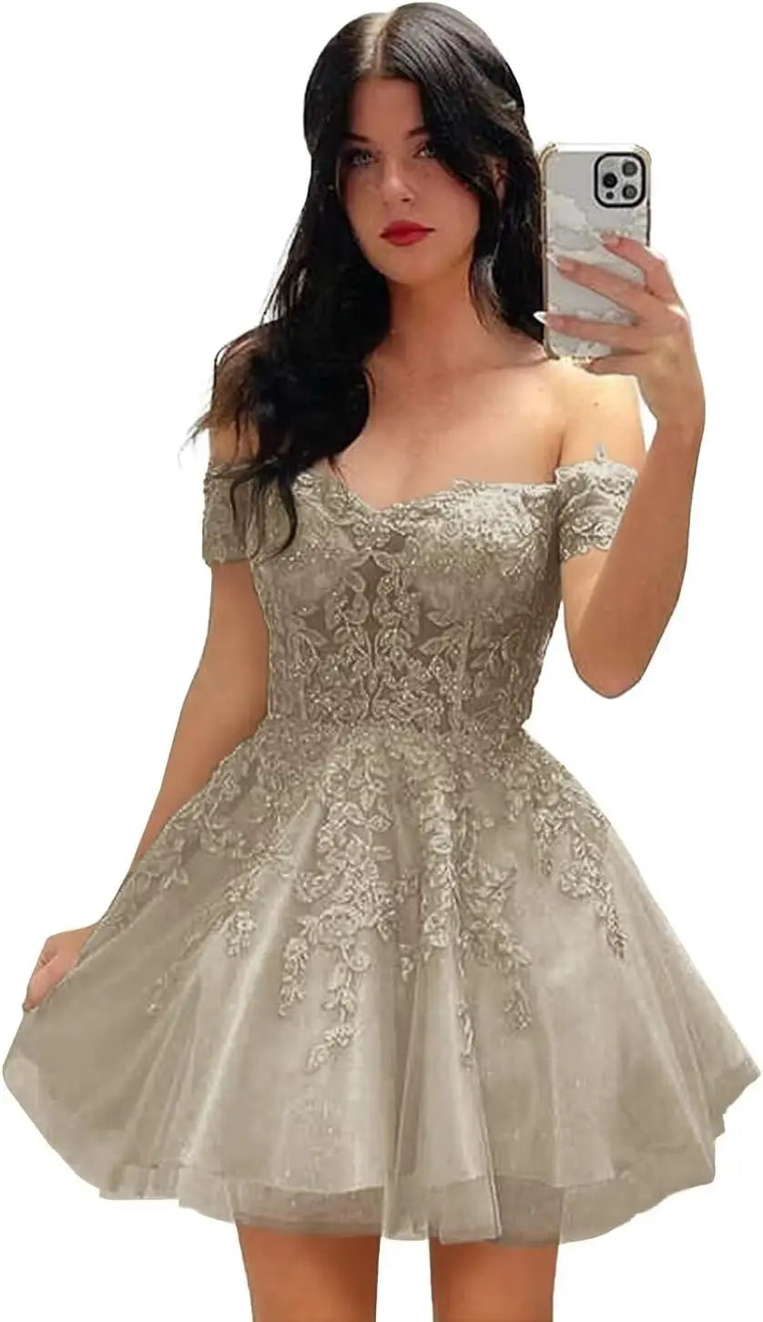 Hübsches kurzes Heimkehrkleid mit Spitzenapplikation für Teenager, glitzernder Tüll, schulterfrei, formelles Abschlussball-Cocktailkleid, Clubkleid 