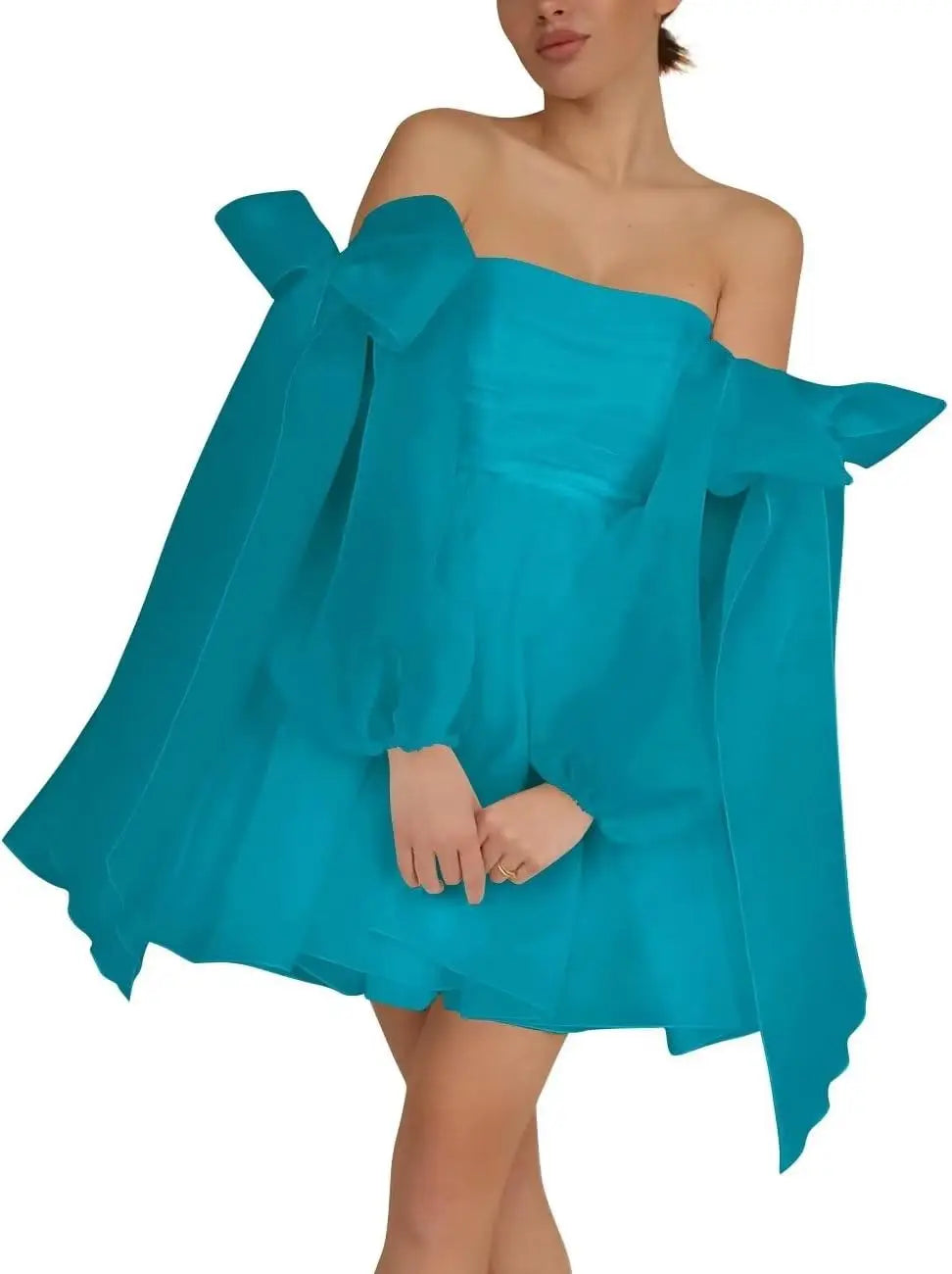 Vestidos de fiesta de organza con hombros descubiertos y lazo, de manga larga, para graduación, de corte A, formales, para cóctel o fiesta. 