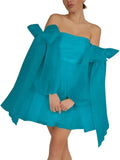 Vestidos de fiesta de organza con hombros descubiertos y lazo, de manga larga, para graduación, de corte A, formales, para cóctel o fiesta. 