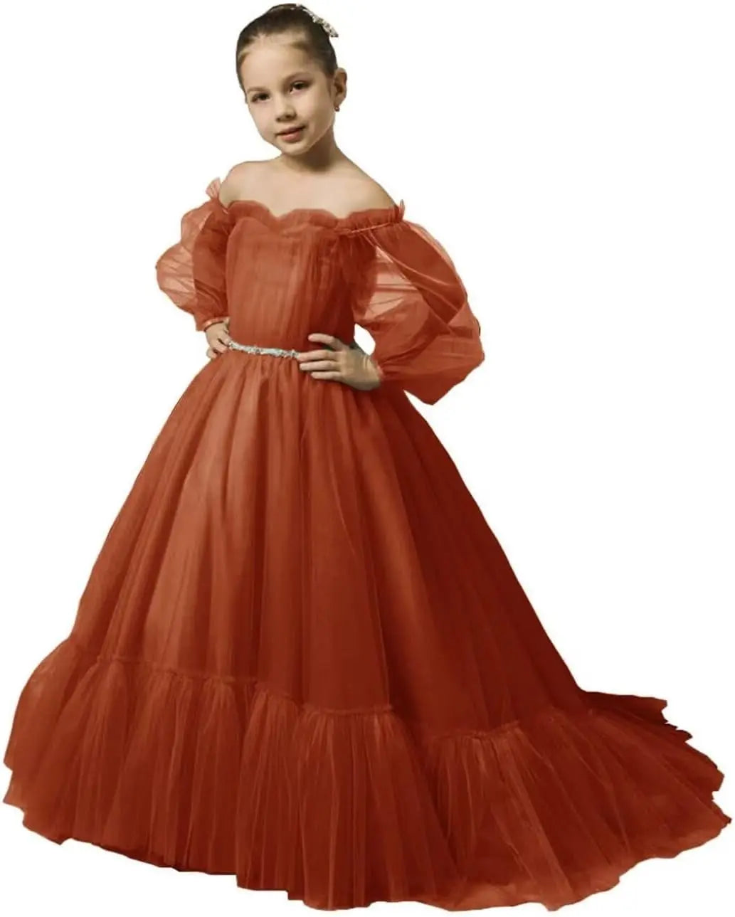 Vestidos de niña de las flores con mangas abullonadas para boda, vestidos de desfile de tul con hombros descubiertos, vestido de línea A para niña pequeña con cinturón, vestido para niña bebé 