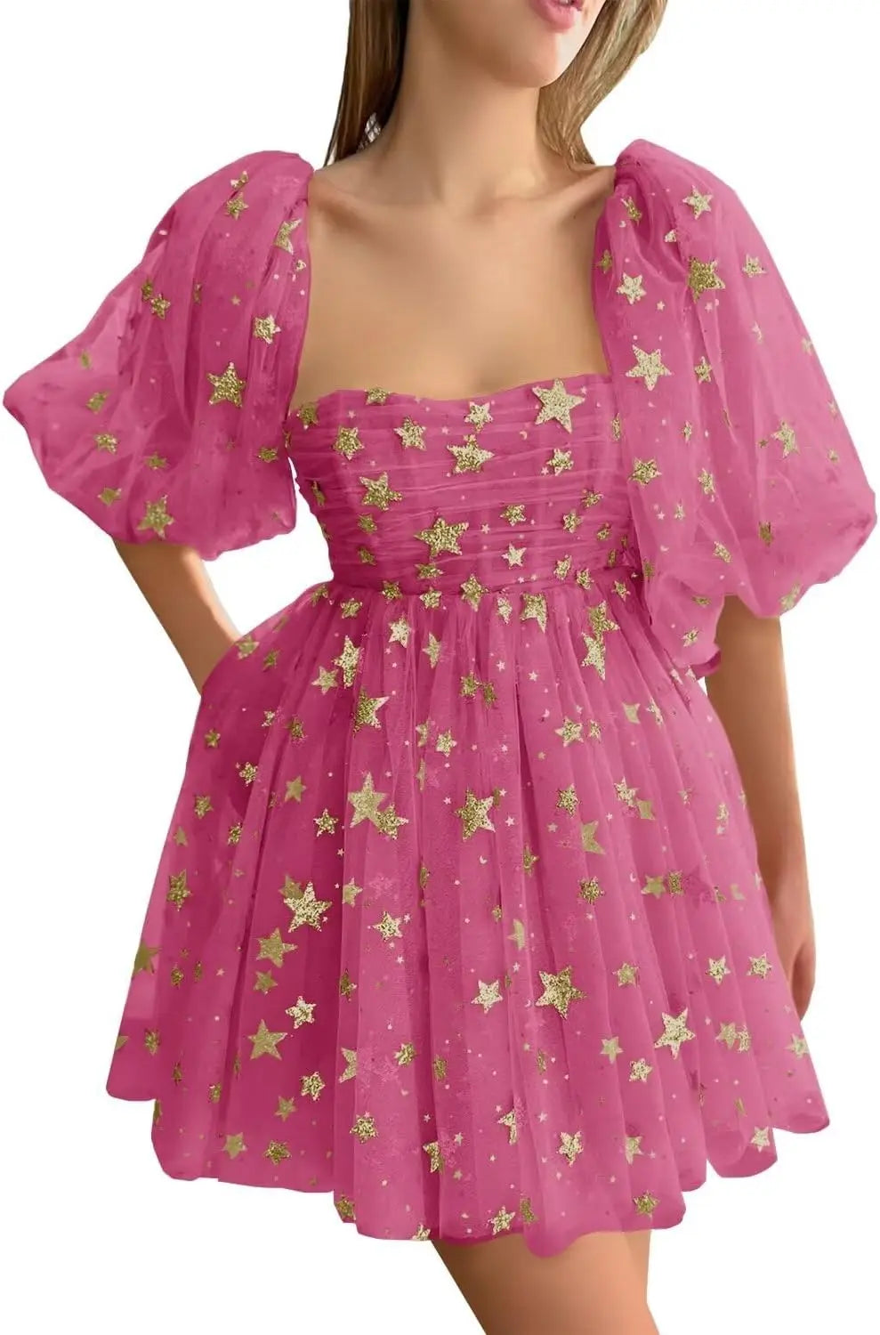 Vestidos de fiesta cortos de tul con estrellas brillantes, hechos a medida, para adolescentes, minivestido de fiesta con estrellas brillantes y mangas abullonadas, vestido formal para club. 