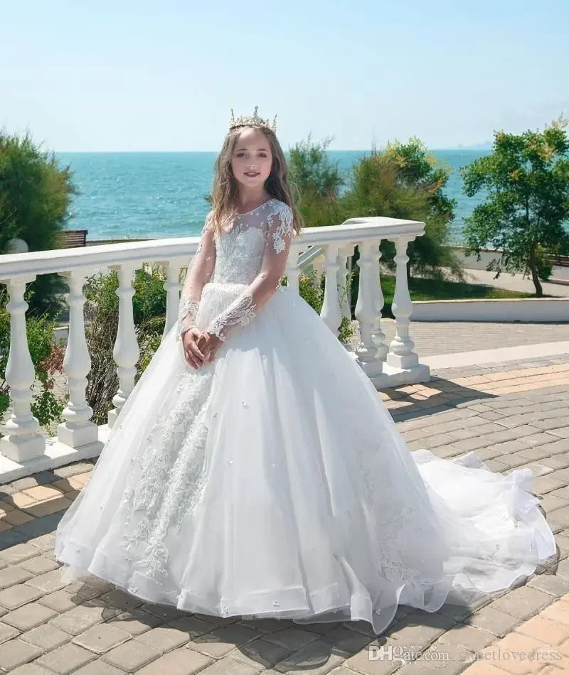 Para bodas, vestidos de encaje de manga larga hasta el suelo, personalizados, para primera comunión, para cumpleaños, para niñas de flores blancas. 