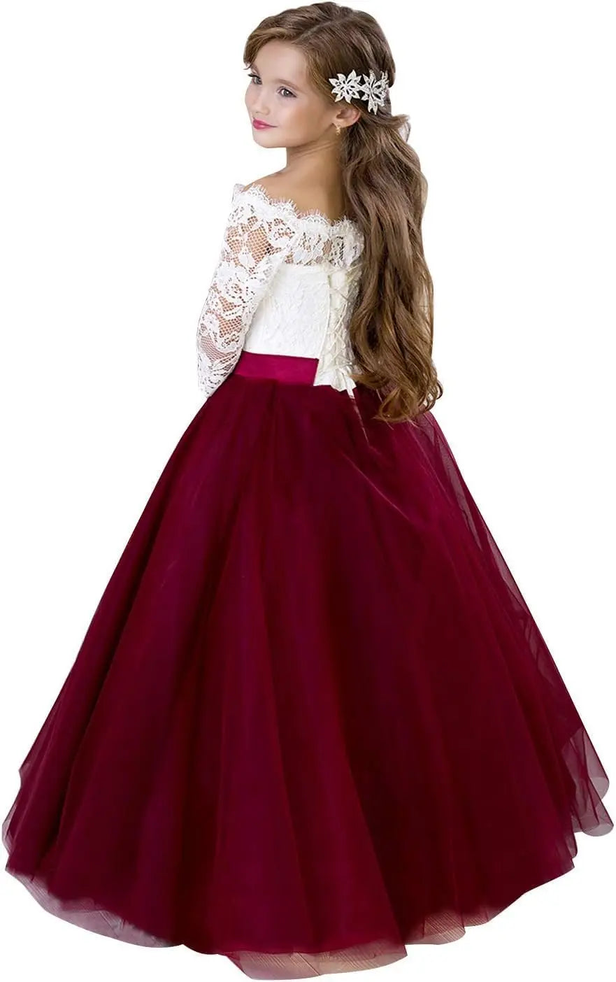 Blumenmädchenkleid Langarm Kinder Weiß Spitze Kinder Festzug Party Weihnachten Ballkleid Erstkommunion Kleider 