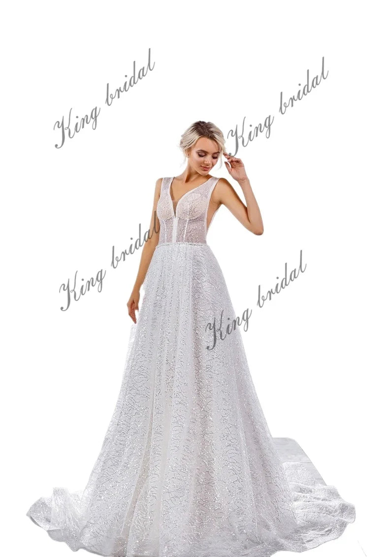 Vestido de novia de encaje con lentejuelas y espalda descubierta, escote en V profundo, tul bordado con cristales y perlas, vestido de novia personalizado 