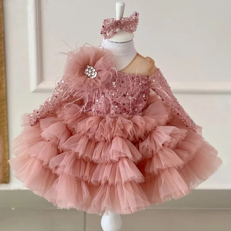 Bonitos vestidos de princesa para fiesta de bodas, personalizados, de organza brillante con lentejuelas y lazo, para niña de las flores. 