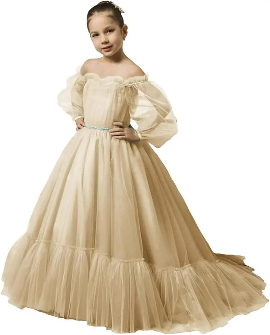 Vestidos de niña de las flores con mangas abullonadas para boda, vestidos de desfile de tul con hombros descubiertos, vestido de línea A para niña pequeña con cinturón, vestido para niña bebé 