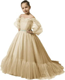 Vestidos de niña de las flores con mangas abullonadas para boda, vestidos de desfile de tul con hombros descubiertos, vestido de línea A para niña pequeña con cinturón, vestido para niña bebé 