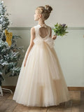 Flower Girl Dresses for Wedding Puffy Satin Tulle Princess Pageant Dress for Girls Crew Neck Tulle Bow Prom Ball Gowns