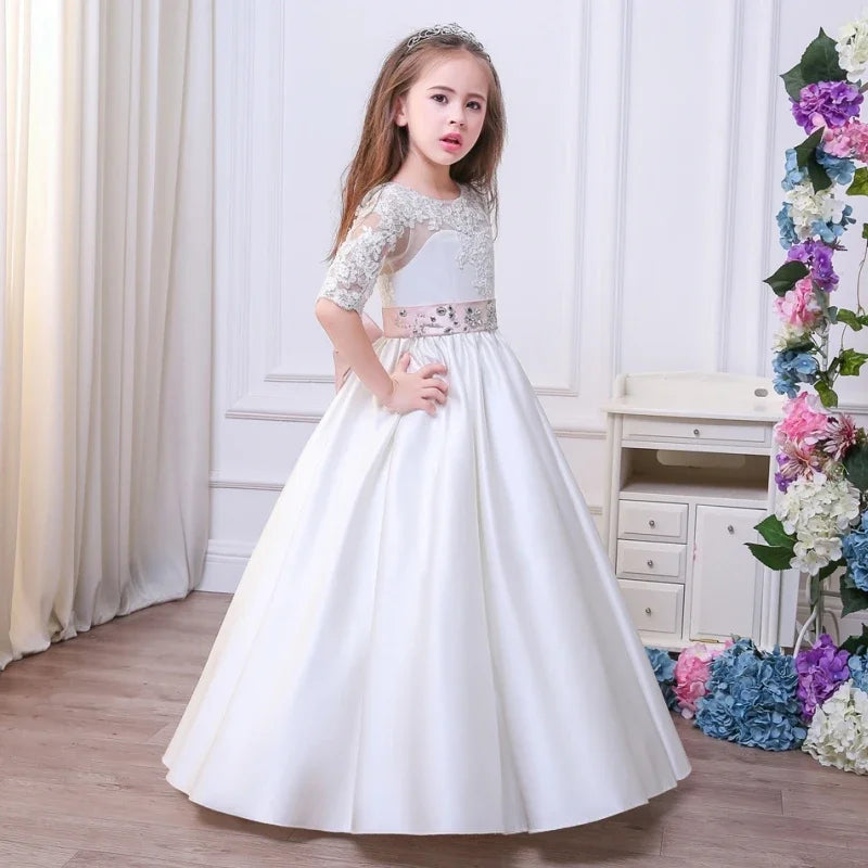 White Satin Appliques With Bow Jewels Belt Half Sleeve For Wedding Birthday Party First Communion Gowns Flower Girl Dresses