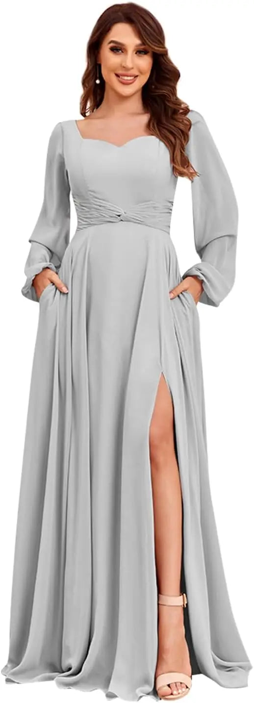 Damen Langarm Brautjungfernkleider mit Taschen Split Plissee Chiffon Formales Abendkleid Partykleid formelles Kleid Frauen elegant 