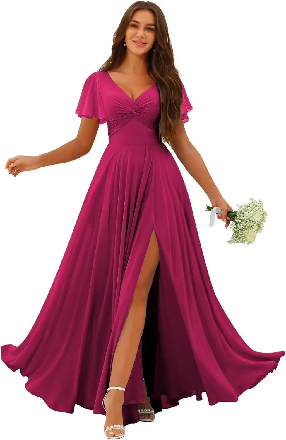 Custom Made Flutter Sleeves Split Bridesmaid Dresses with Slit Long V Neck Empire Waist Formal Evening Dress for Women Wedding