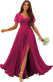 Custom Made Flutter Sleeves Split Bridesmaid Dresses with Slit Long V Neck Empire Waist Formal Evening Dress for Women Wedding