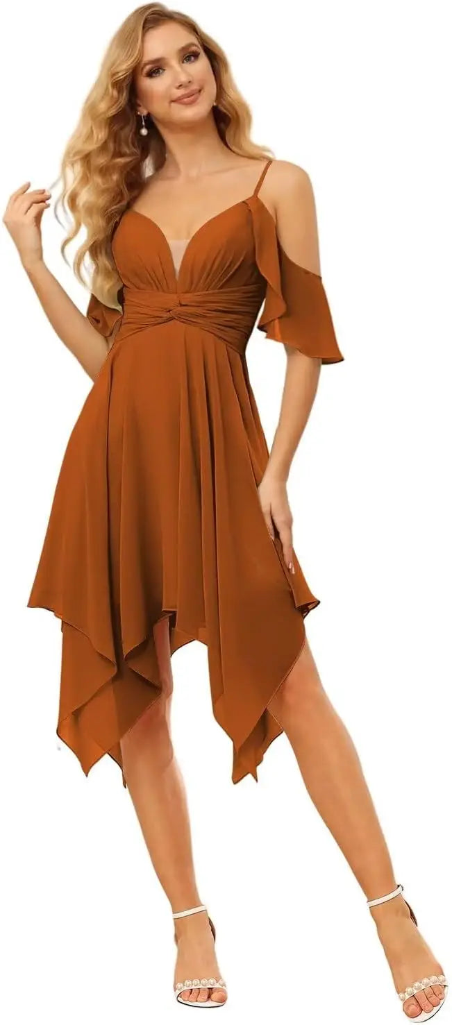 Women's Off Shoulder Chiffon Junior Bridesmaid Dresses Short Pockets Ruffle A Line Formal Dresses with Slit Wedding Party Gown
