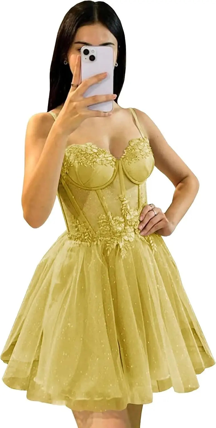 Glitter Tulle Homecoming Dress 3D Flowers Spaghetti Straps Short Prom Dresses for Teens cocktail dresses  mini dress