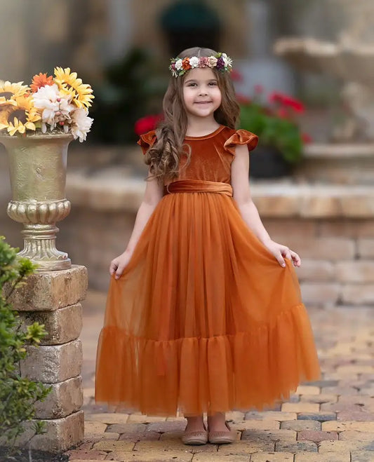 Burnt Orange Velvet and Tulle Flower Girl Dress Boho toddler flower girl dress Velvet Girls Boho Wedding dress Communion Gowns