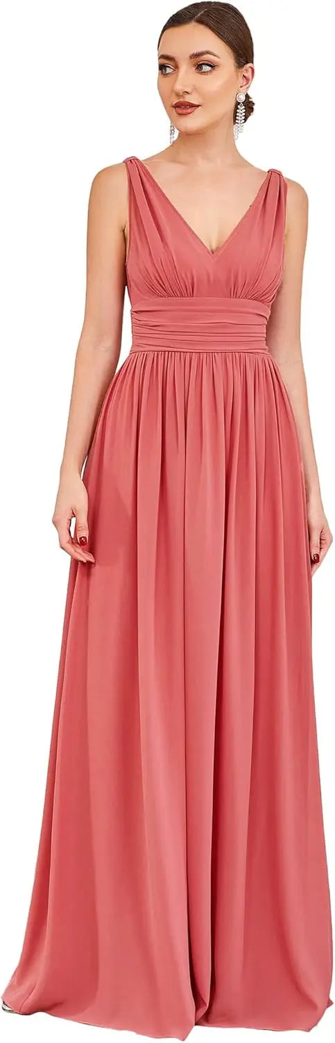 Womens Bridesmaid Dress V-Neck Sleeveless A Line Chiffon Floor Length Formal Dress wedding guest dress  ball gown