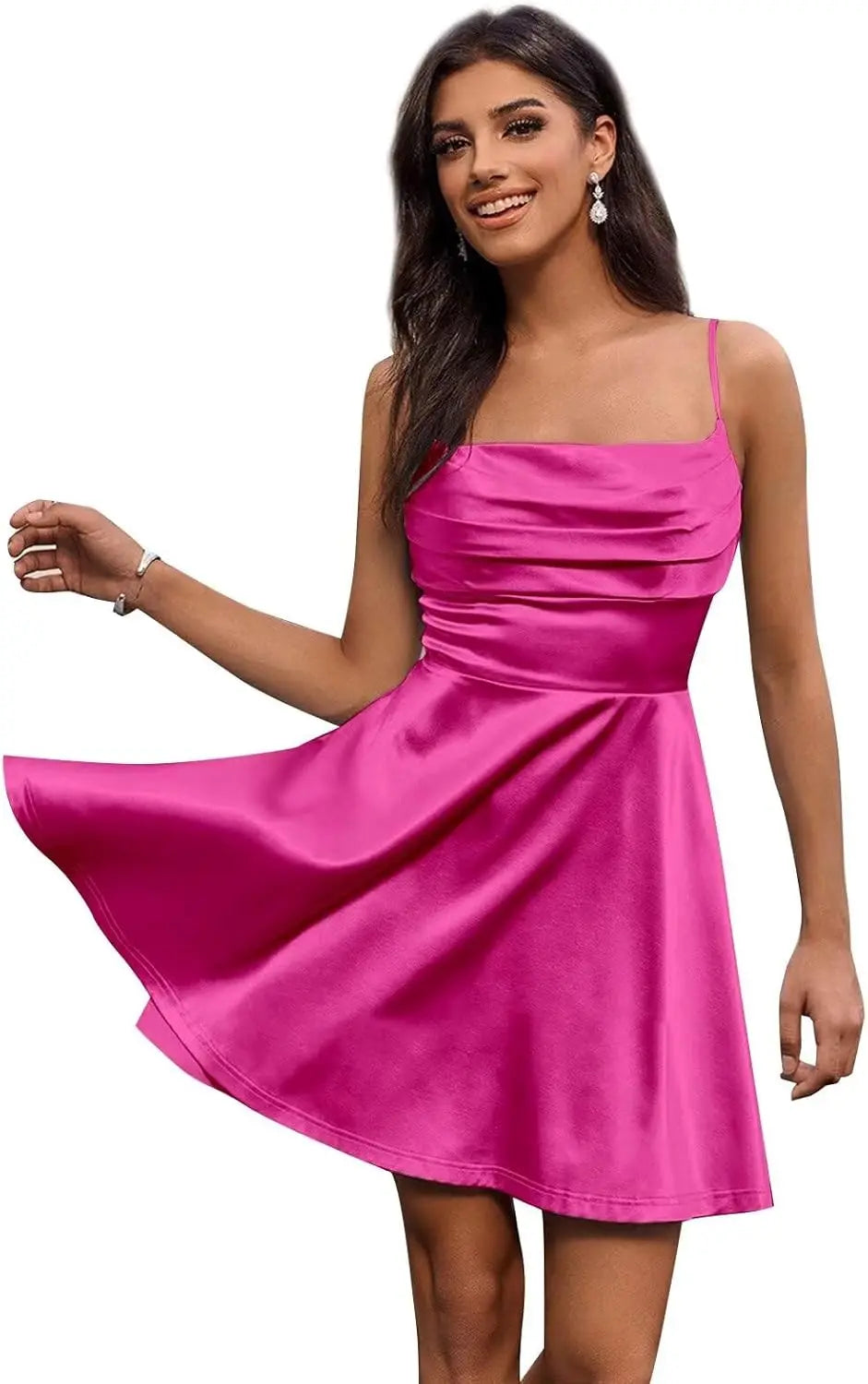 Satin Homecoming Kleider Kurze Spaghettiträger Ballkleid Wasserfallausschnitt A-Linie Cocktail Party Kleider Minikleid 