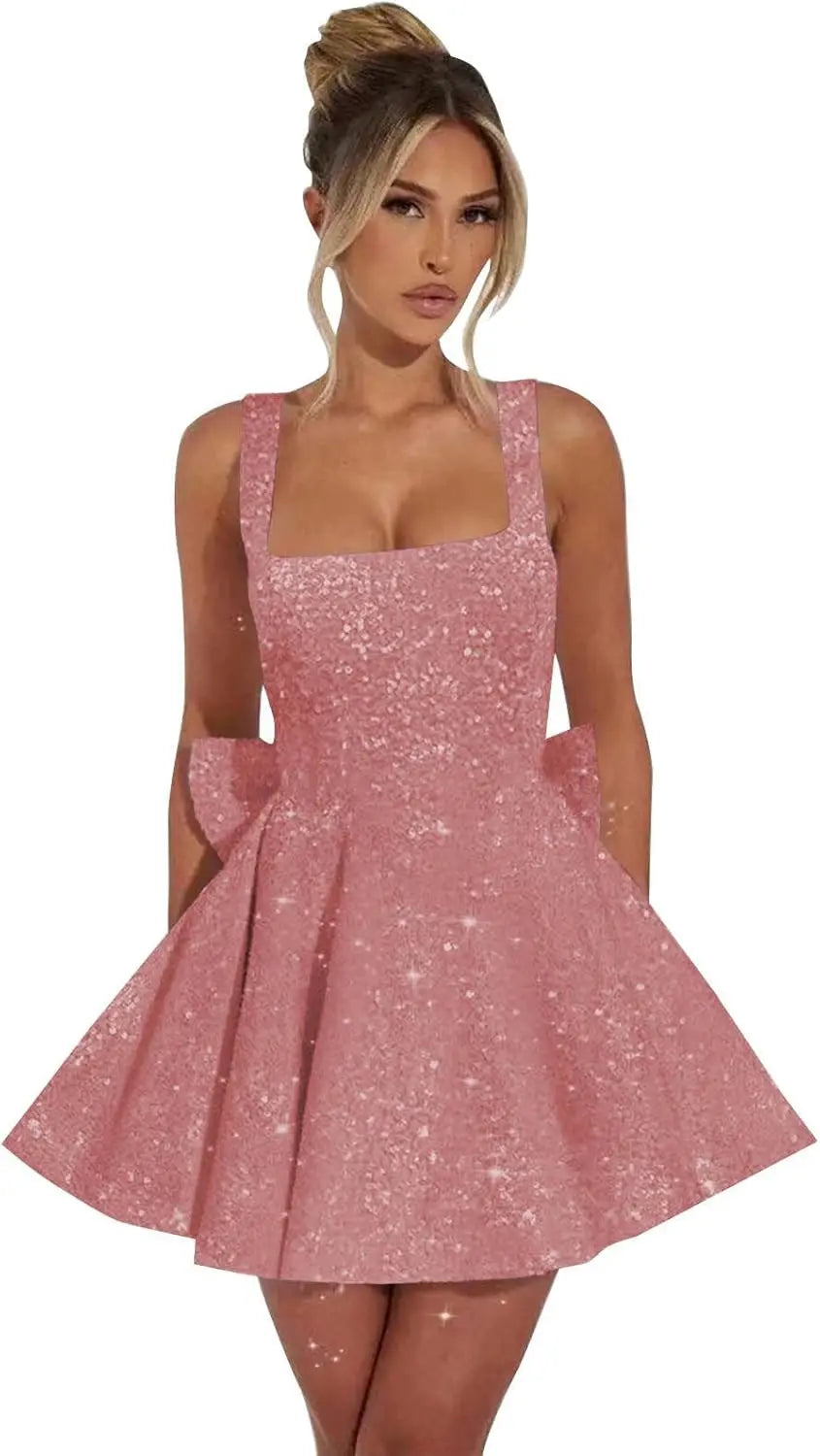 Vestidos de fiesta de graduación con lentejuelas brillantes para adolescentes, con lazo, cortos y abullonados.