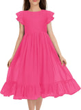 Girls Elegant Lace Flower Crew Neck Ruffle Chiffon A-Line Flowy Birthday Party Midi Dress ball gown  princess dress
