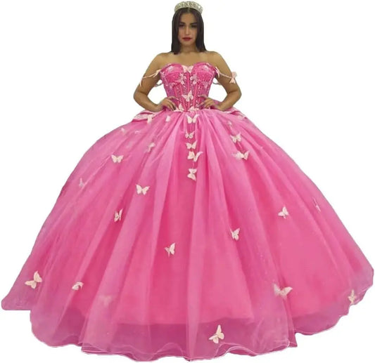 3D Butterfly Quinceanera Dress with Bow Train Spaghetti Strap Sweet 15 16 Ball Gowns Sparkly Vestido De 15 Años