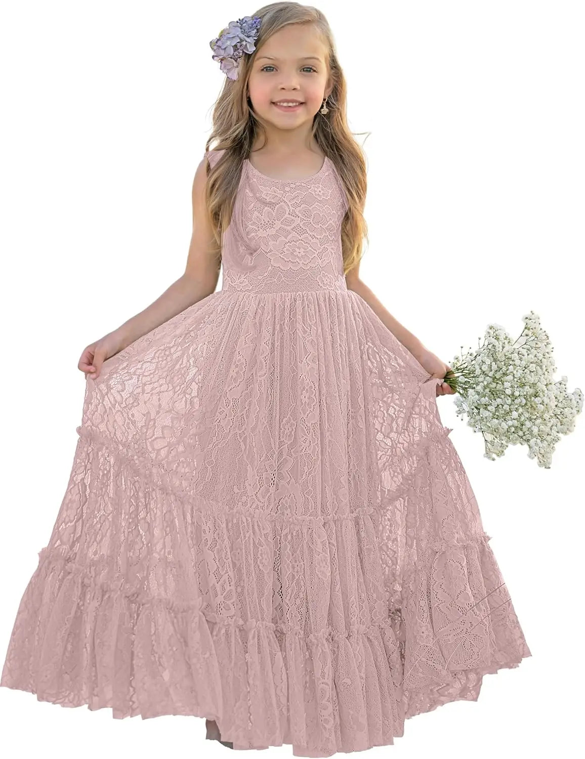 Blumenmädchenkleid Spitze Boho Kleinkindkleider Rüschen Mädchenkleid für Hochzeit Gartenparty Urlaub Kommunion Ärmellos Prinzessin 