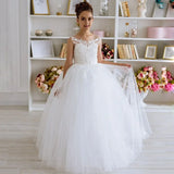 Vestidos de primera comunión personalizados para niña de las flores, tul blanco, apliques florales con lazo, sin mangas para boda 