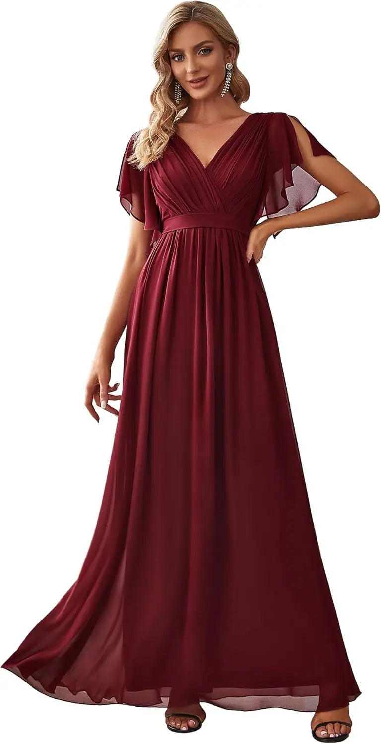 Vestido de dama de honor para mujer, escote en V, mangas con volantes, busto fruncido, largo hasta el suelo, de gasa, vestido formal para invitada de boda. 