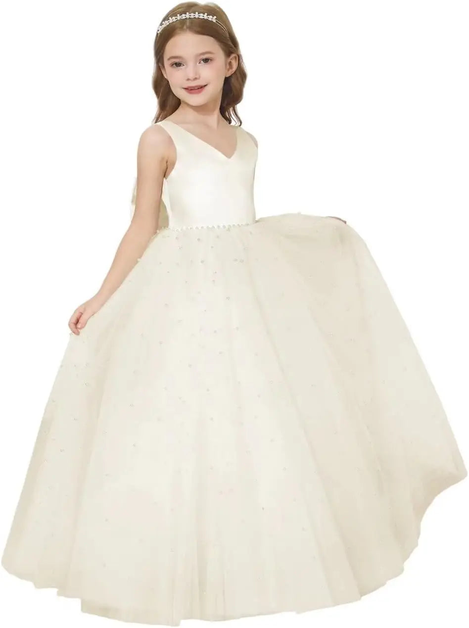 Elegant Flower Girl Dress Satin Tulle Princess Pageant Dresses for Girls Pearl Beads Wedding Maxi Gown girls party dress