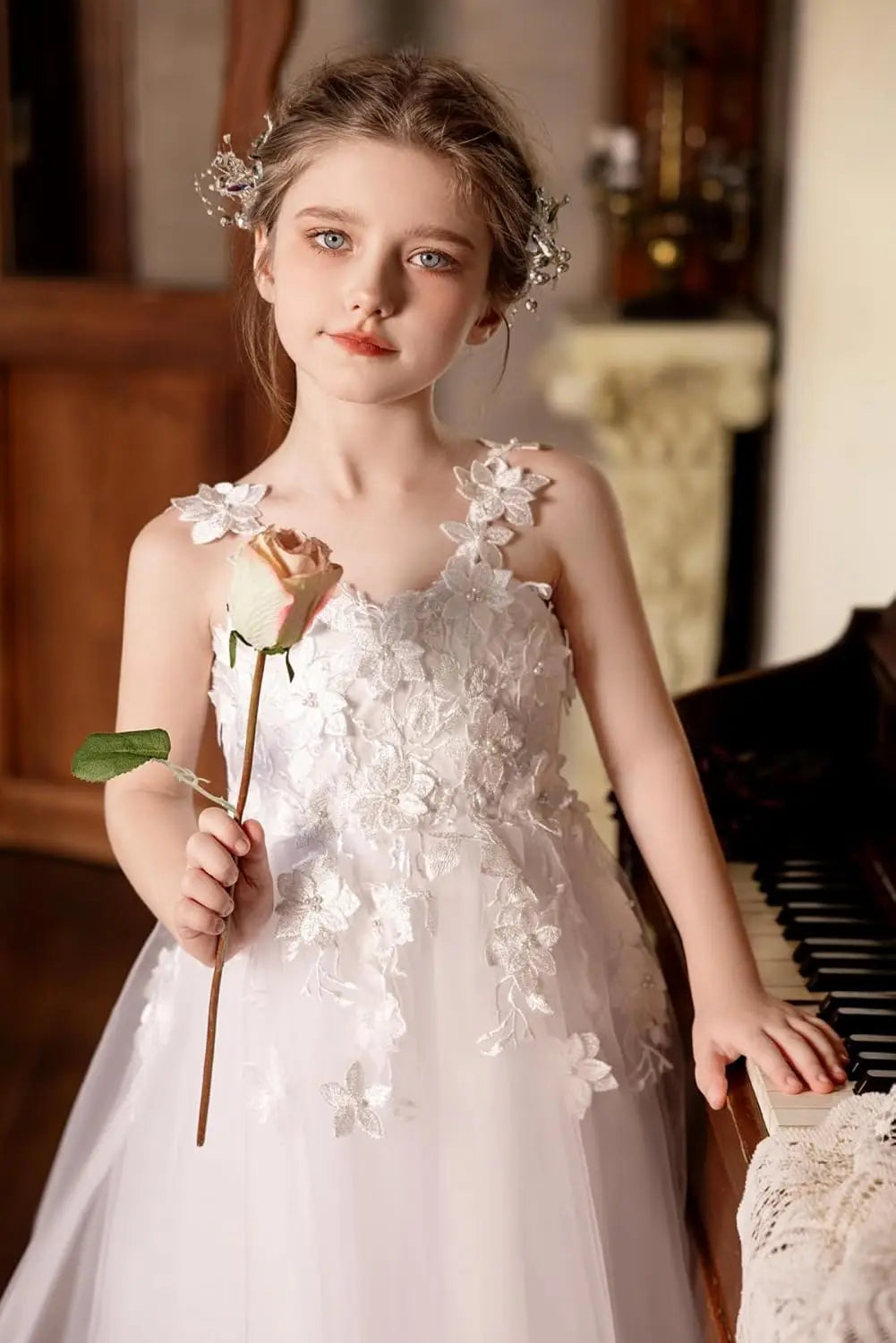 First Communion Dresses for Girls Tulle Flower Girl Dress for Wedding 3D Flower Appliques Dress