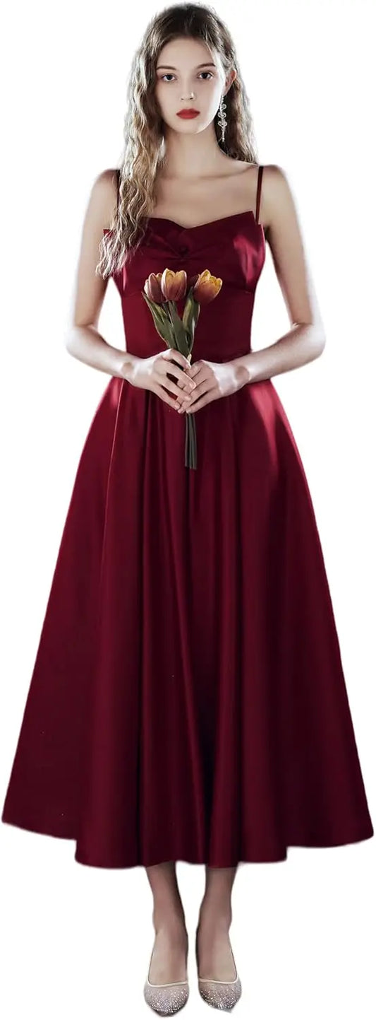 New Satin Medium Long Spaghetti Strap Dress for Special Occasions Prom Bridesmaid Dress for Women's Dress Party