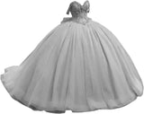 Off Shoulder Beaded Quinceanera Dresses Glitter Tulle Prom Dress Butterfly Appliques Sweet 16 Dresses with Bow