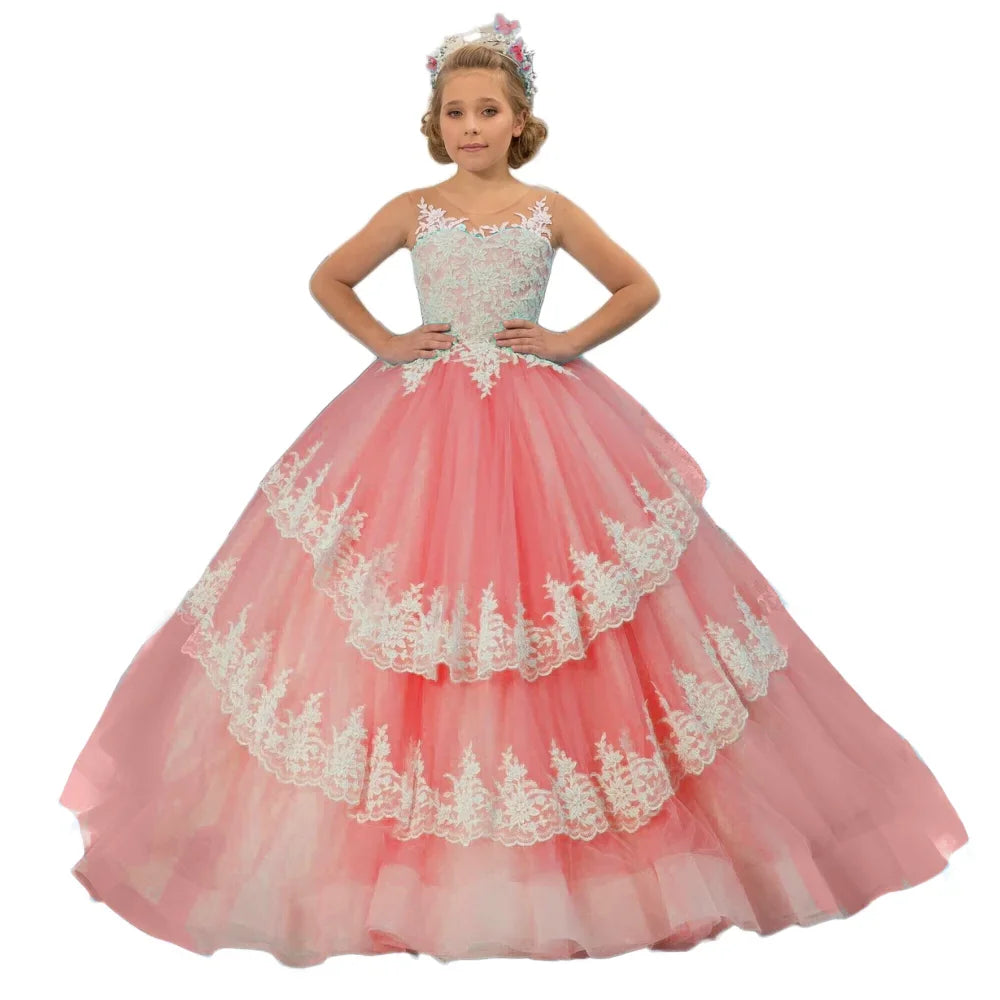 Vestido de princesa para banquete de fiesta de cumpleaños, personalizado, para niña de las flores, con apliques de encaje azul cielo y blanco, escalonado, sin mangas, para boda 