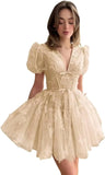 3D Butterfly Tulle Homecoming Dresses for Teens A-Line Short Sleeve Prom Cocktail Dress with Butterfly Appliques